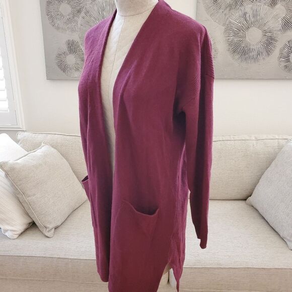 Halogen Wool & Cashmere Long Cardigan - size Small Petite in Burgundy - Picture 7 of 13